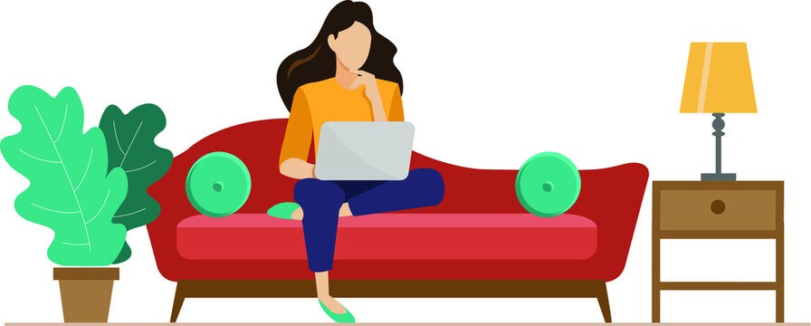 Girl sitting on sofa using a laptop. Freelance or studying concepts. Trendy vector flat illustration