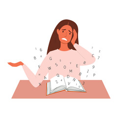 Vector illustration of a young woman with dyslexia having difficulty reading a book. - obrazy, fototapety, plakaty