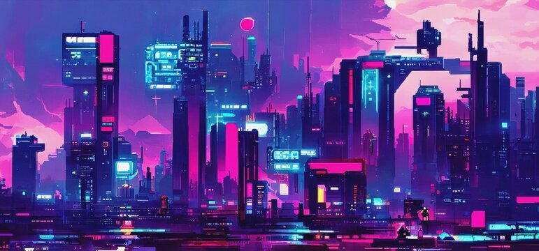 Cyberpunk City Street. Sci-fi Wallpaper. Futuristic City Scene In A Style Of Pixel Art. 80's Wallpaper. Retro Future 3D Illustration. Urban Scene.