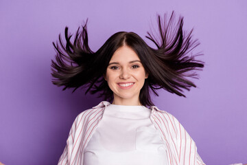 Photo of young lovely woman shampoo conditioner spa hair treatment isolated over violet color background