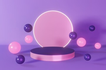 Purple neon cylinder podium stage 3d. Glowing pedestal design composition. Abstact minimal scene levitating geometric.