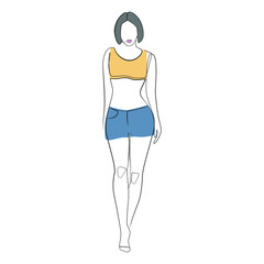 Slim young woman in casual clothes one line drawing on white isolated background. Vector illustration 