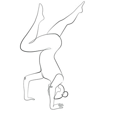 Yoga pose one line drawing on white isolated background. Handstand vector illustration
