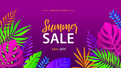 Summer sale banner with leaves on a magenta background. Banner for promotion, magazine, advertising.