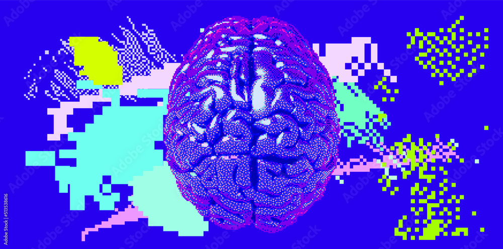 Poster 3D illustration of a brain in pixel art style. Concept of brain research and artificial intelligence.