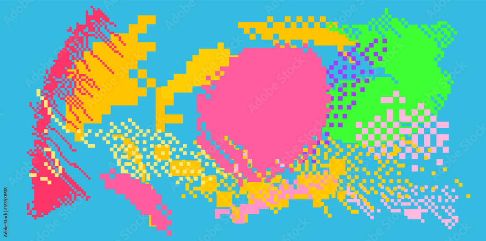 Poster trendy vaporwave background with pixel art chaotic composition. concept of a glitchy computer screen