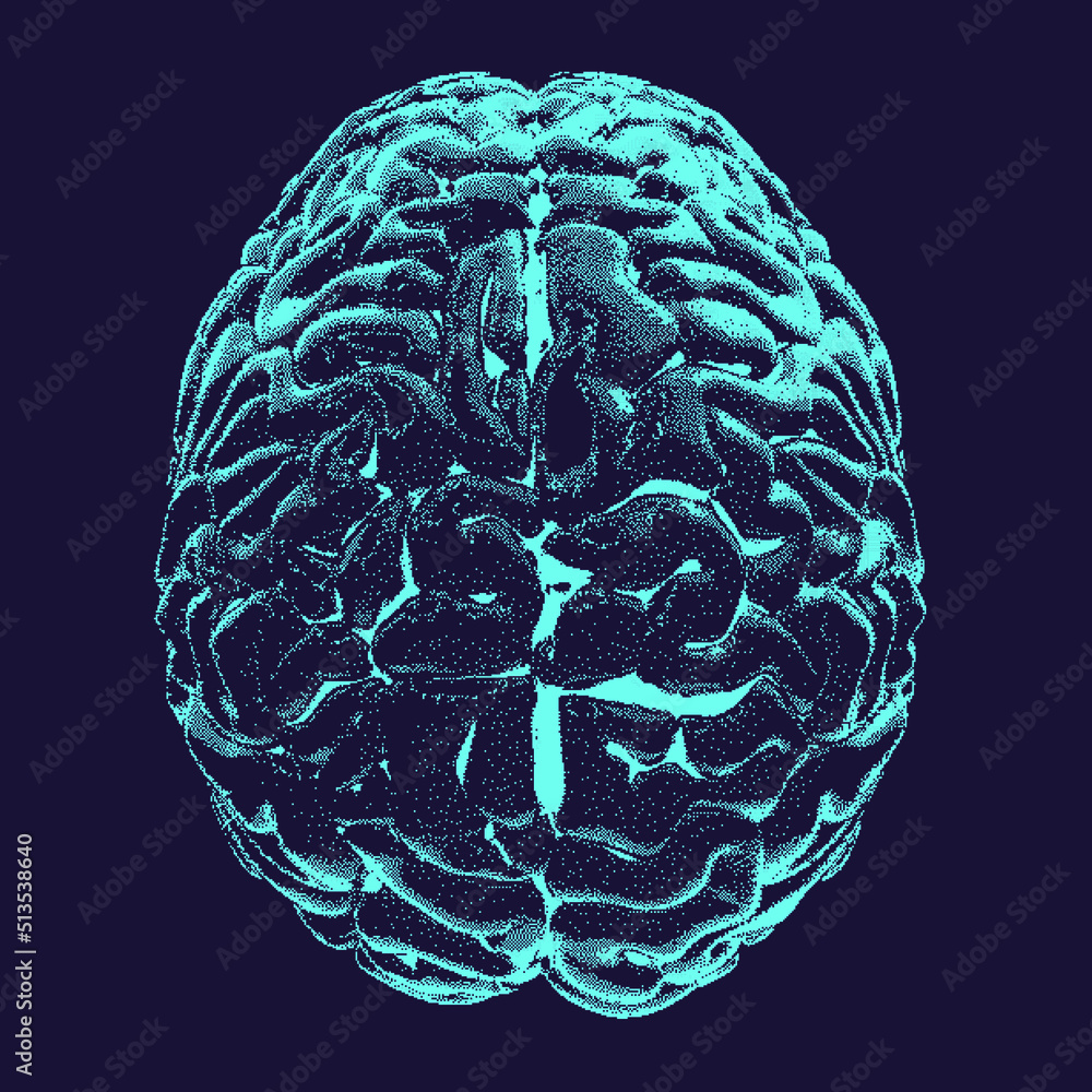 Poster 3D illustration of a brain in pixel art style. Concept of brain research and artificial intelligence.