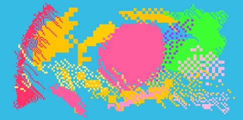 Obraz premium Trendy vaporwave background with pixel art chaotic composition. Concept of a glitchy computer screen.