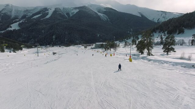 Aerial view of a snowboarder skiing on the ski slope of a snowy ski resort high in the mountains surrounded by a pine forest