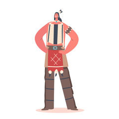 Indian American Indigenous Man with Arms Akimbo, Male Character, Native Aboriginal Person in Tribal Costume and Headwear