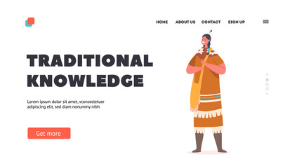 Traditional Knowledge Landing Page Template. Girl Wear American Indian National Costume . Child Female Character