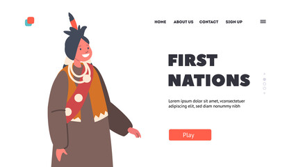 First Nations Landing Page Template. American Indian Boy in National Costume and Smiling Face. Indigenous Child