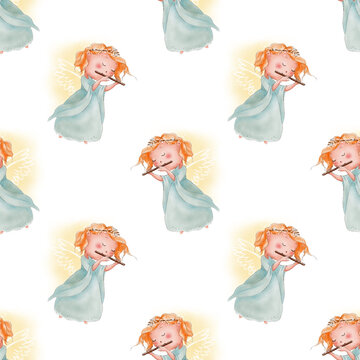 Watercolor angels girls children seamless pattern. Kids pattern with flying angels. 