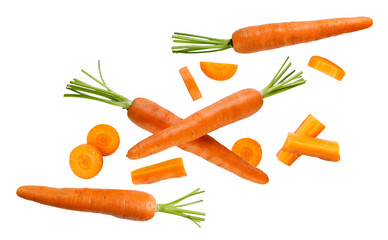 Carrots and pieces fly close-up on a white background. Isolated - 513540615