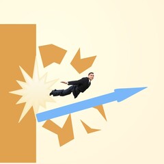 Creative design. Motivated employee, businessman breaking throught wall, flying like rocket symbolizing success and promotion.