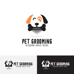 simple dog bites bone hair comb logo design, pet grooming logo concept vector template icon
