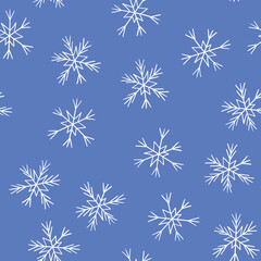 Fototapeta na wymiar Winter seamless pattern with white snowflakes on blue background. Vector illustration for fabric, textile wallpaper, posters, gift wrapping paper. Christmas vector illustration. Falling snow