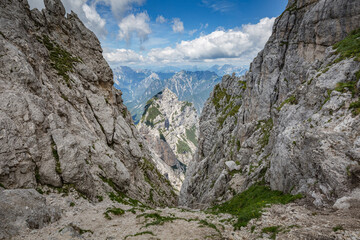 Beautiful nature. Mountain hiking Trail Road. Italy Malga Montasio Forca Disteis