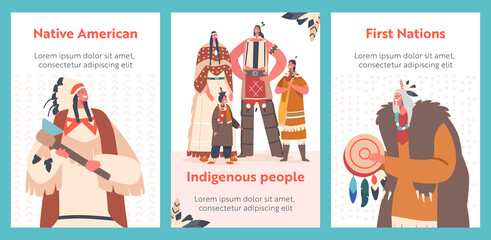 Obraz premium Indian American Indigenous People Cartoon Banners. Warrior, Men, Women and Children, Chief or Shaman Characters