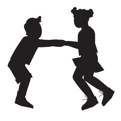 Black silhouette of children jumping holding hands, vector illustration isolated on white background. Happy cheerful kids jumping for joy. Happy childhood and kids holiday.