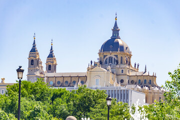 Cathedral. Almudena Cathedral seen from the Madrid Río park, in Madrid, in Spain. Europe. Horizontal photography.