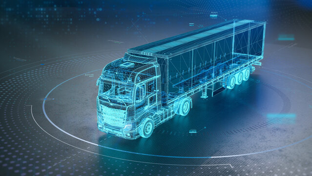 Futuristic truck wireframe with trailer (3D Illustration)