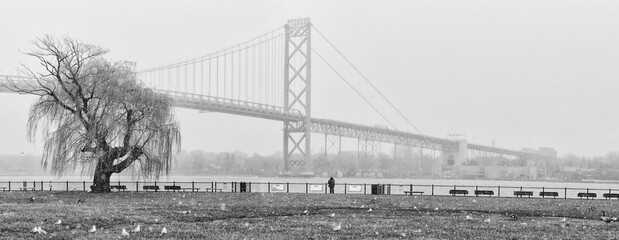 Black and white shot of a bridge in Detroit, Canada