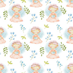 Watercolor angels girls children seamless pattern. Kids pattern with angels girls and floral elements.