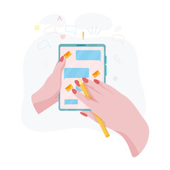 Hands hold a phone. Concepts of internet network communications. People chatting and chatting together on social networks. Woman holding a phone or tablet in her hand. Vector illustration.