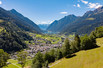 Panoramic view of the city of Poschiavo in the region of Grisons in Switzerland