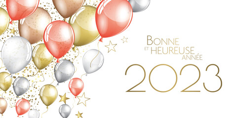 Happy New Year 2023 - Color balloons design with confetti greeting card banner