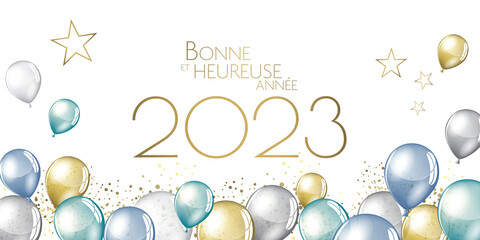 Happy New Year 2023 - Color balloons design with confetti greeting card banner
