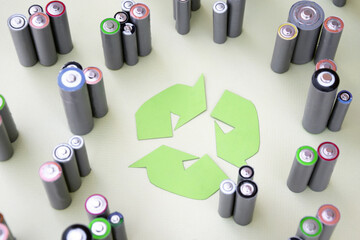 Used AA batteries and proper disposal of environmentally and soil-toxic batteries on a green...