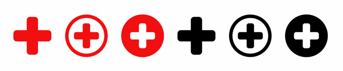 Red cross icon set. Red cross mark. Medicine health symbol. Hospital collection of signs symbol. First aid. Abstract graphic design. Vector illustration