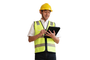 young asian civil engineer helmet hard hat standing showing thumbs up on isolated white background. Mechanic service concept
