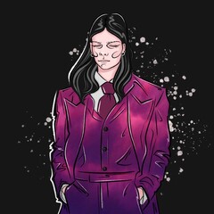 Young man with long black hair is a model in a violet classic jacket and pants. Dark fashion line-art of a long haired man in a pink classic suit. 