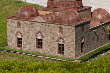 Mosque buildings and minarets, roof domes, arches and doors, elements of architectural decorations...