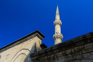 Mosque buildings and minarets, roof domes, arches and doors, elements of architectural decorations...
