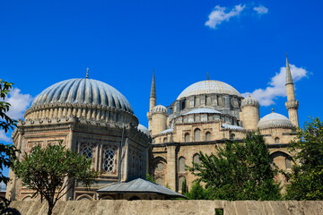 Mosque buildings and minarets, roof domes, arches and doors, elements of architectural decorations...