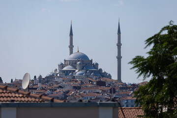 Mosque buildings and minarets, roof domes, arches and doors, elements of architectural decorations...