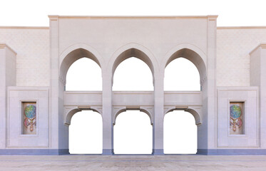 Mosque buildings and minarets, roof domes, arches and doors, elements of architectural decorations...