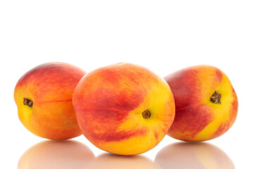 Three juicy organic nectarines, close-up, isolated on white background.