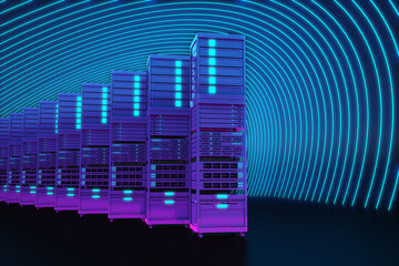 row of dark servers in neon lighting