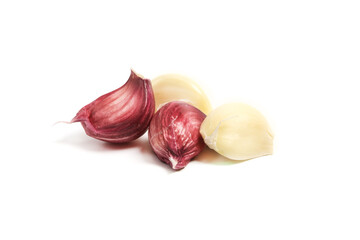 Slices of fresh pink garlic on a white background. Isolated
