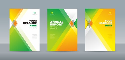 Modern square and triangle shape green yellow and white color theme book cover template for annual report, magazine, booklet, proposal, portofolio, brochure, poster, company profile