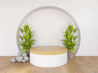 Podium mockup display for product presentation decorated with green plant