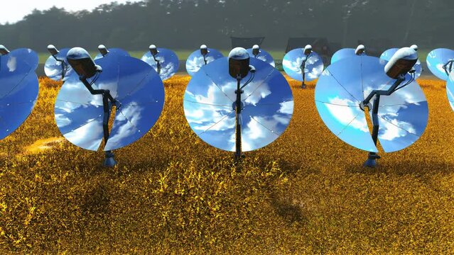 Stunning animation of a beautiful solar panel dish farm on a meadow, representing nature and sustainability and renewable energy
