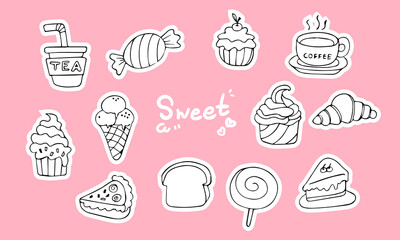 Set of doodles for bakery, desserts, tea, coffee, bread, candy, cake, icecream etc. by hand drawn, cute decoration vector