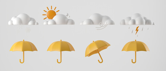 3d cartoon icon set all season yellow umbrella and clouds on white background. 3d concept for banner, cover, greeting card, brochure. 3d rendering illustration - obrazy, fototapety, plakaty