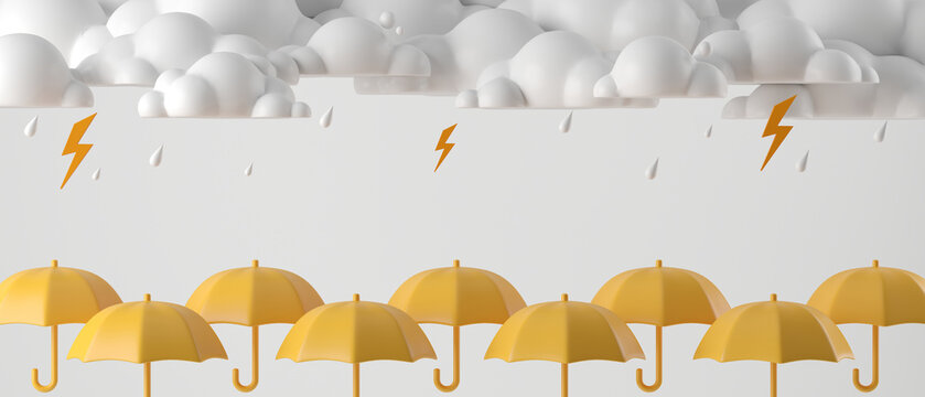 3d cartoon cloud and rainy with yellow umbrella on white background. 3d render concept rainy season for banner, cover, greeting card, brochure, illustration